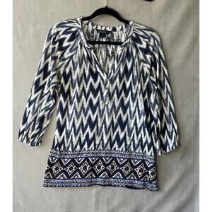 Lucky Brand Women's Boho Bohemian Blouse Tie Dye Henley V Neck Blue Sz Medium